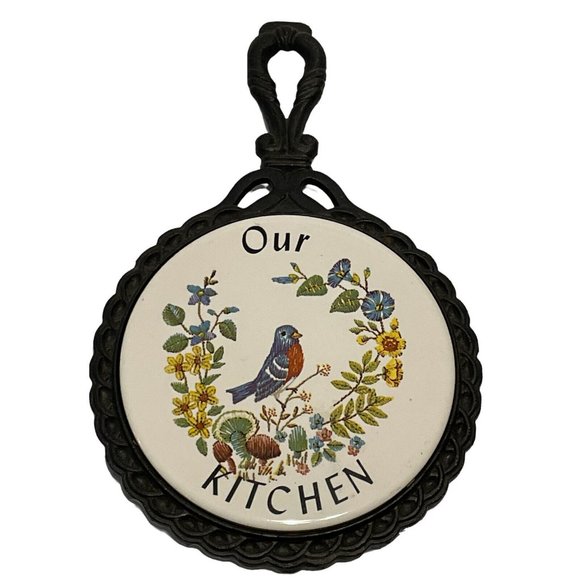 Vtg Mid-State Cast iron Ceramic Tile Our Kitchen Trivet CottageCore Bluebird - Picture 1 of 8